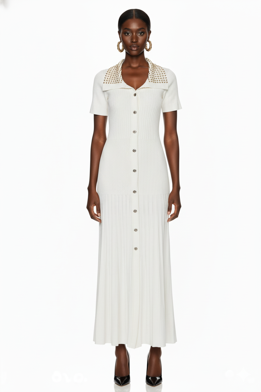 Embellished Collar Ribbed Button-Down Maxi Dress