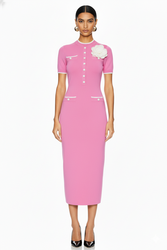 Button-Front Knit Midi Dress with Contrast Trim and Floral Accent Hover Image