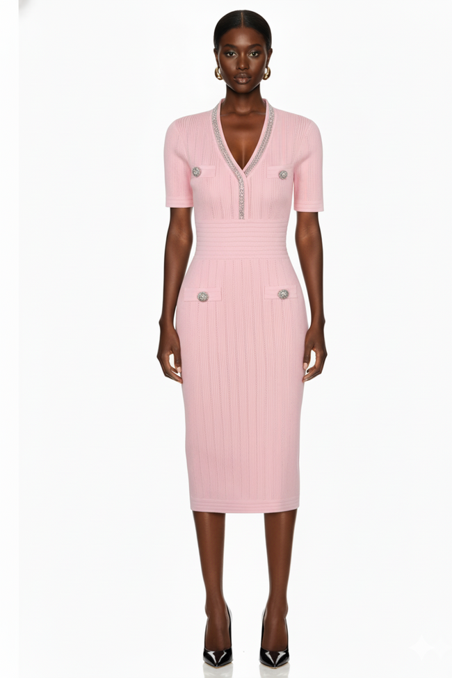Embellished Trim Ribbed Knit Midi Dress Hover Image