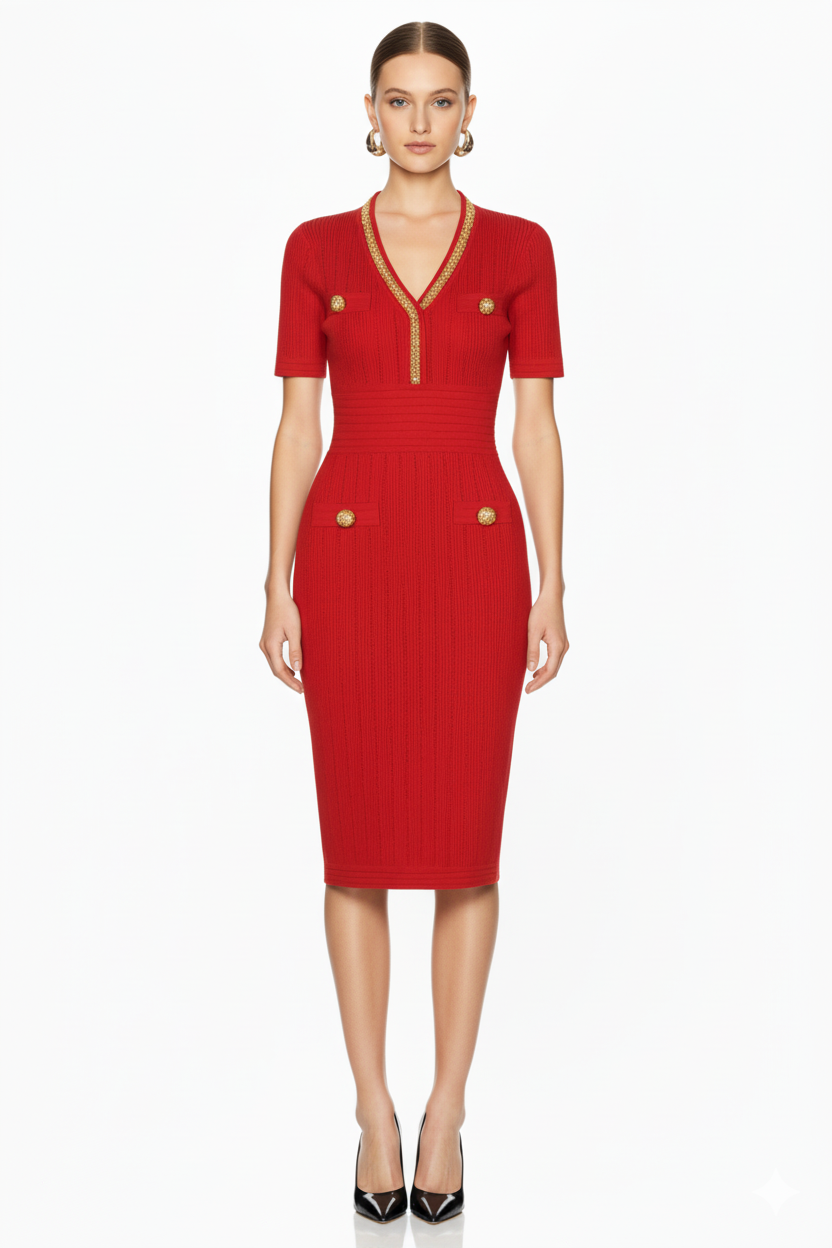 Embellished Trim Ribbed Knit Midi Dress