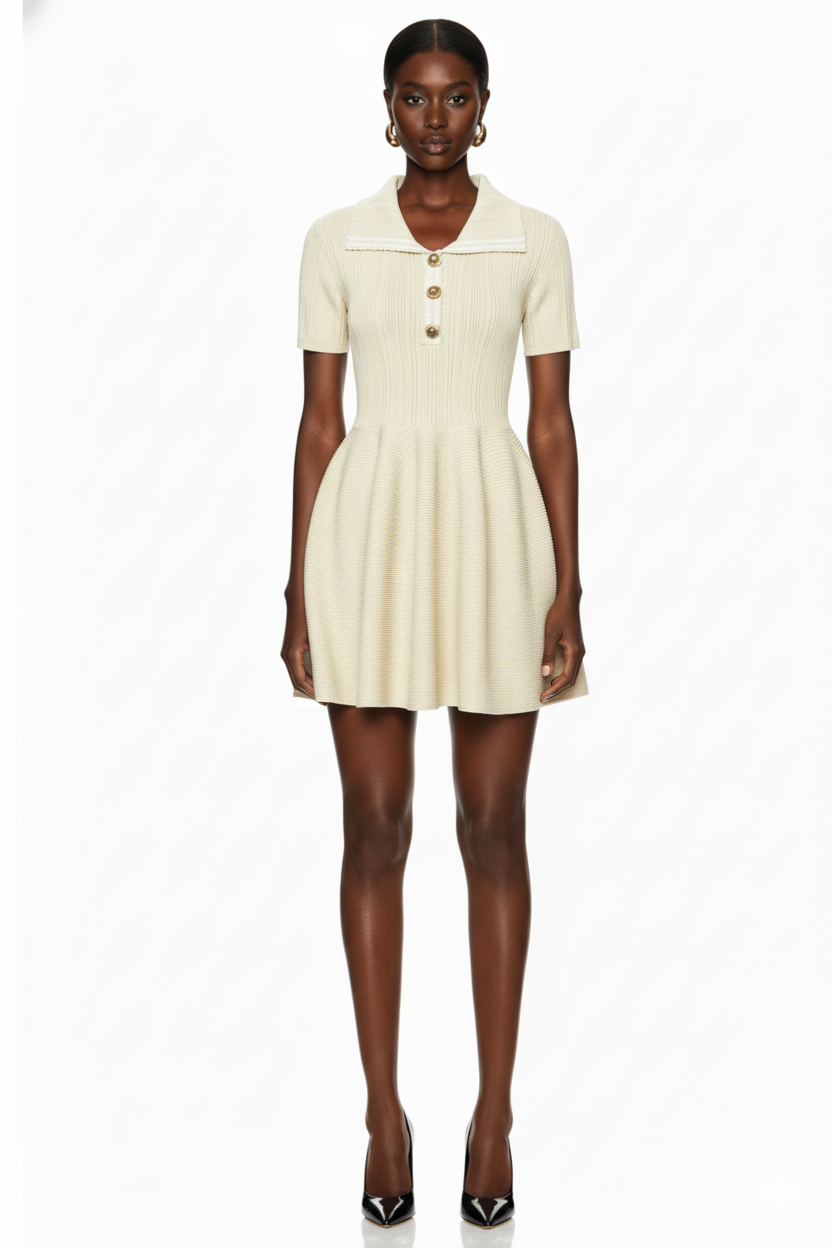 Collared Ribbed Knit Fit-and-Flare Mini Dress
