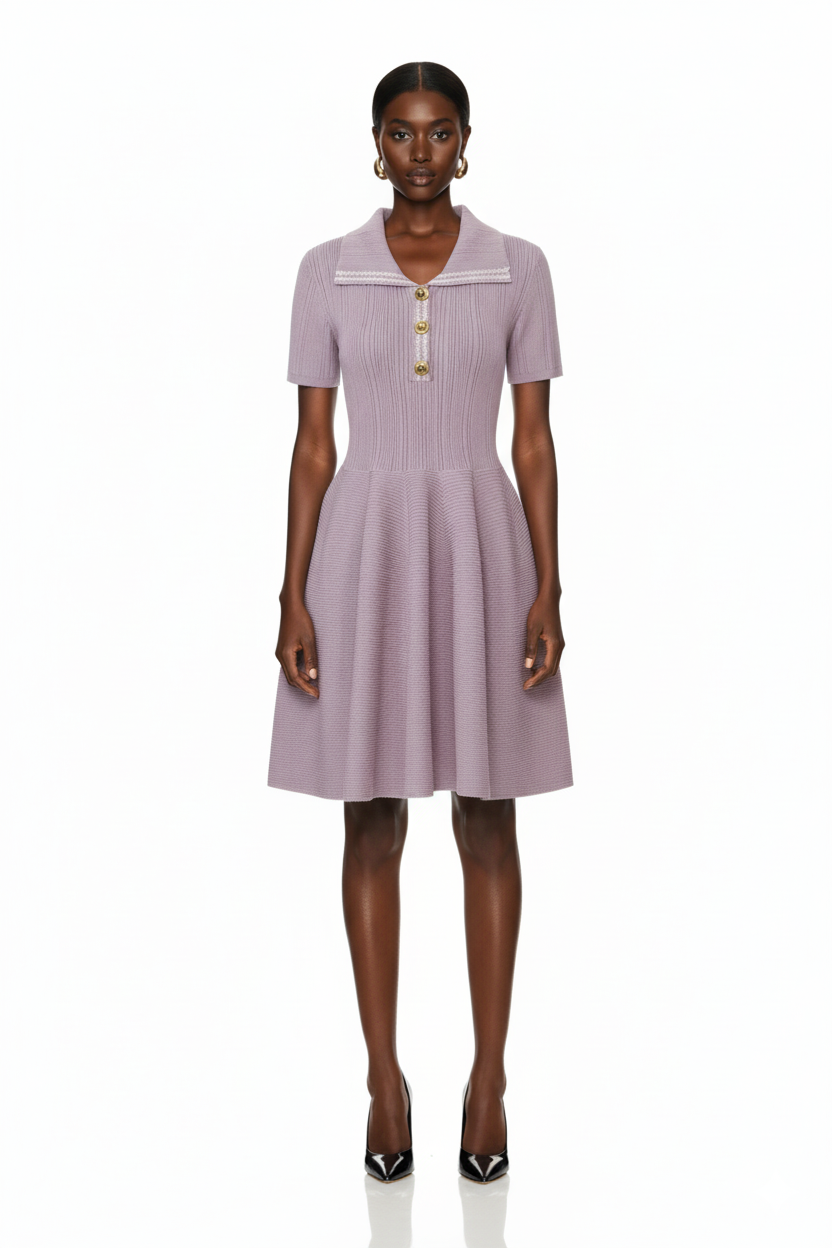 Collared Ribbed Knit Fit-and-Flare Mini Dress