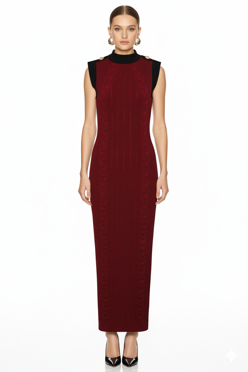 Contrast Trim Knit Maxi Dress and Zip-Up Cardigan Set