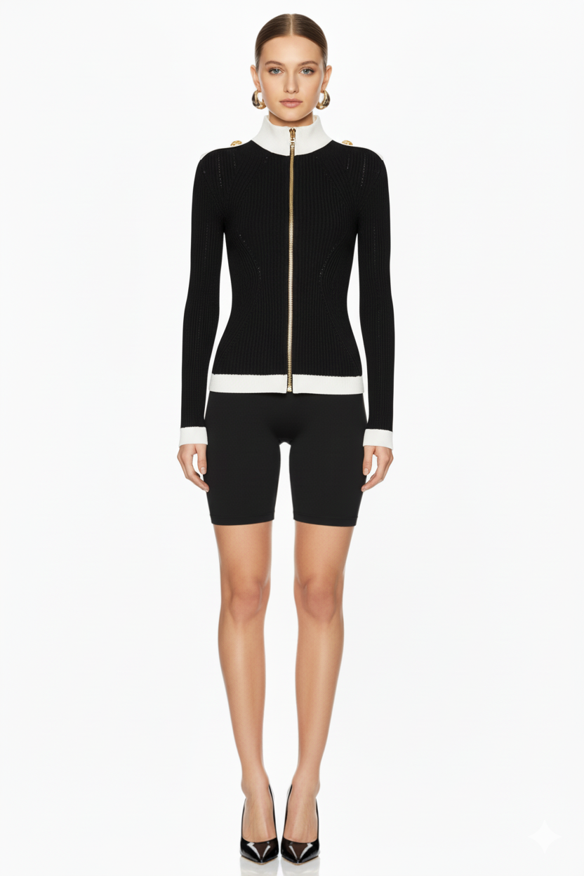 Contrast Trim Knit Maxi Dress and Zip-Up Cardigan Set