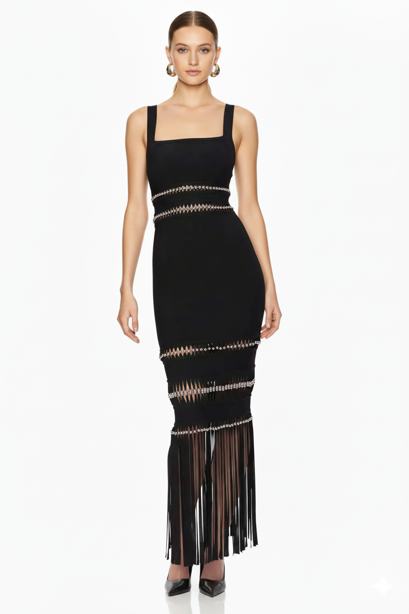 Fringe Hem Embellished Bandage Maxi Dress