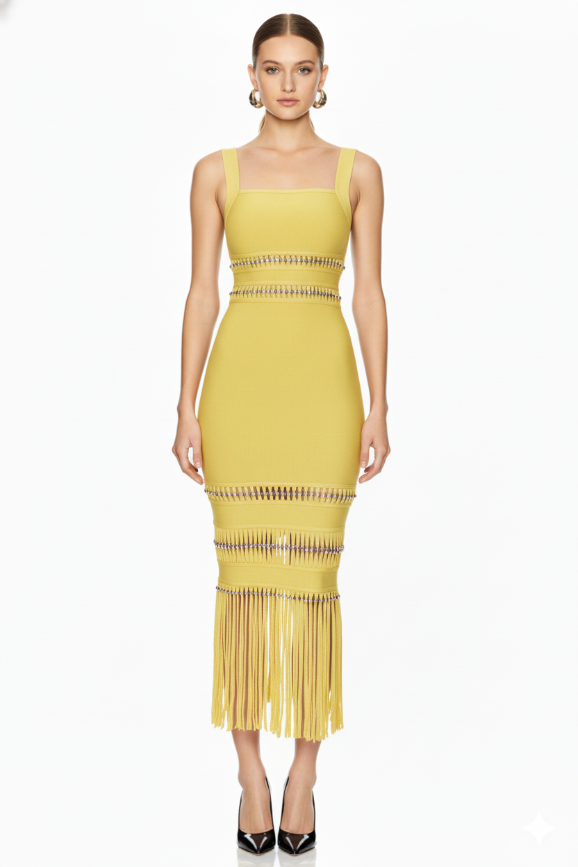 Fringe Hem Embellished Bandage Maxi Dress