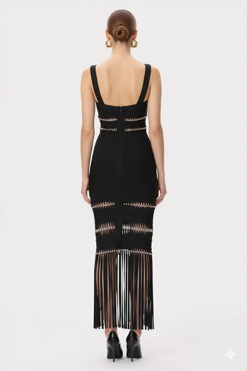 Fringe Hem Embellished Bandage Maxi Dress