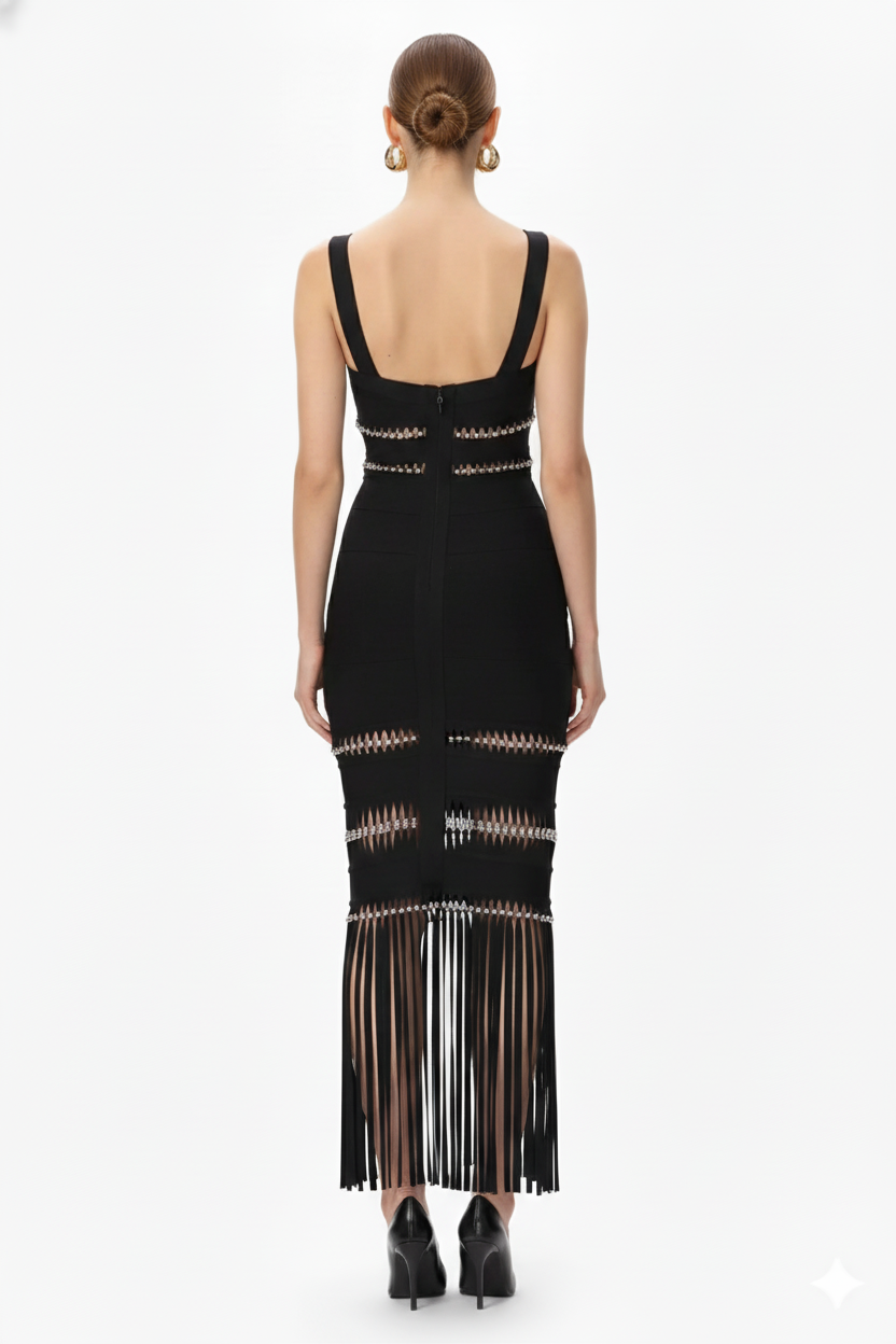 Cutout Bandage Fringe Maxi Dress