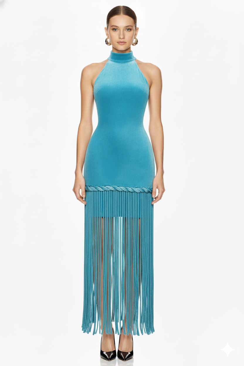 Halterneck Velvet Dress with Braided Fringe Hem