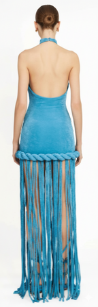 Halterneck Velvet Dress with Braided Fringe Hem