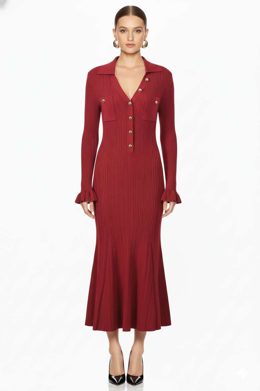 Long Sleeve Collared Knit Mermaid Dress