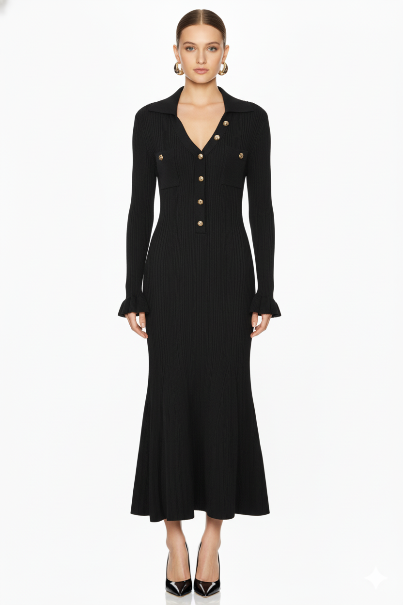 Long Sleeve Collared Knit Mermaid Dress