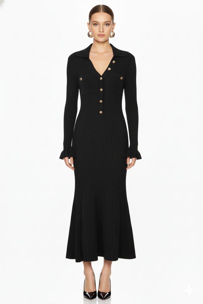 Long Sleeve Collared Knit Mermaid Dress Main Image