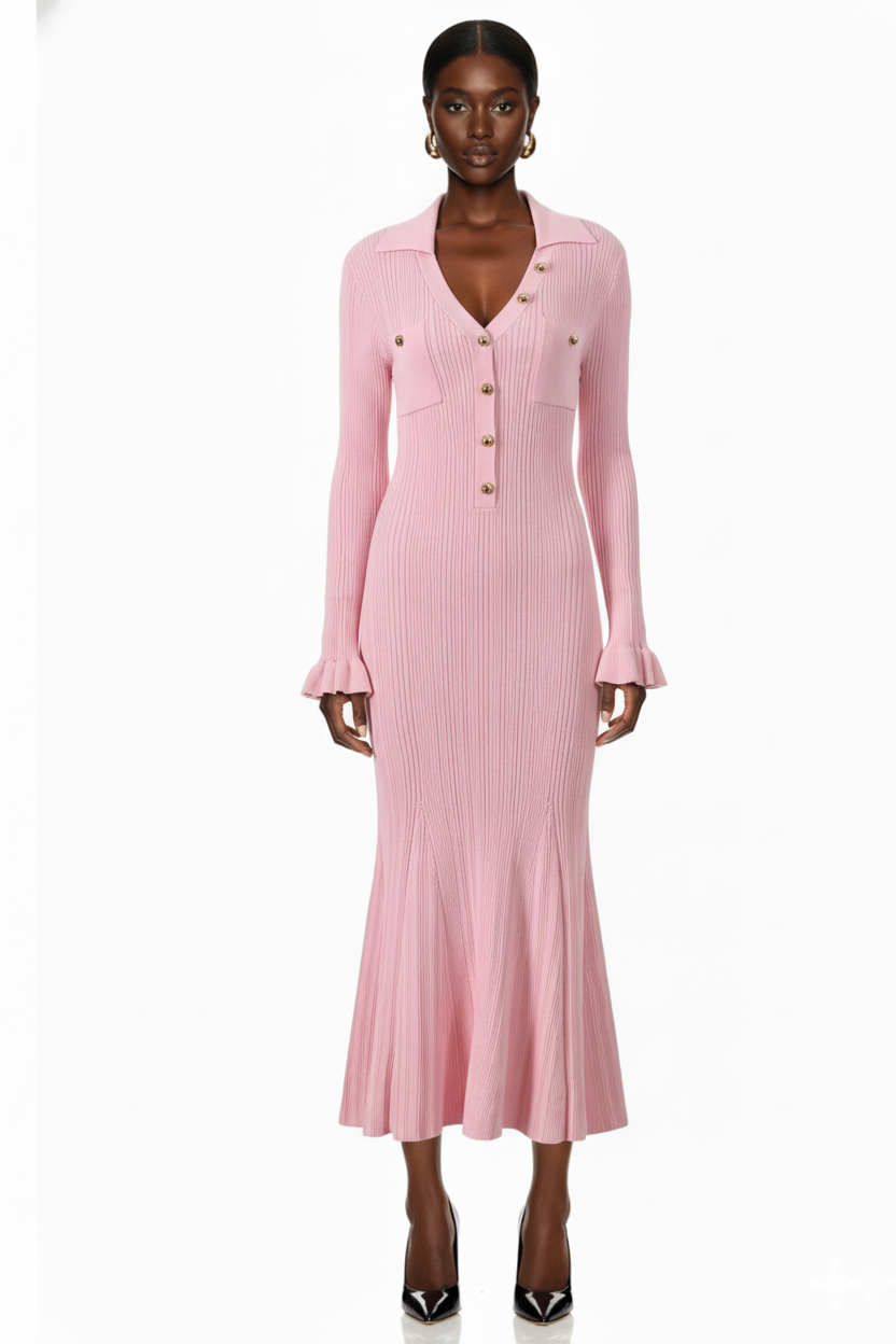 Long Sleeve Collared Knit Mermaid Dress