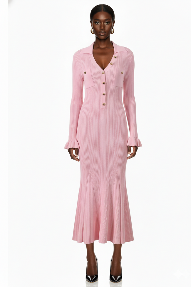 Long Sleeve Collared Knit Mermaid Dress Hover Image