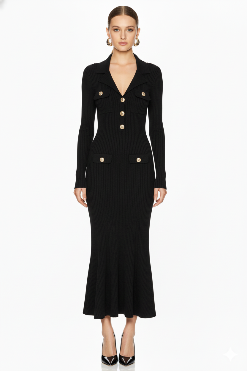 Long Sleeve Collared Knit Midi Maxi Dress