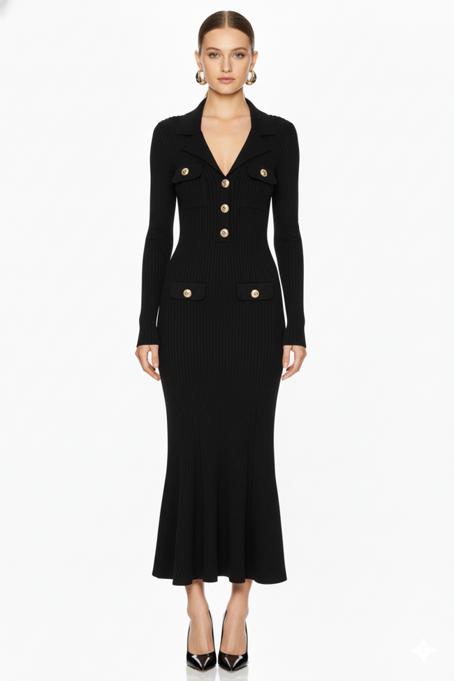 Long Sleeve Collared Knit Midi Maxi Dress Main Image
