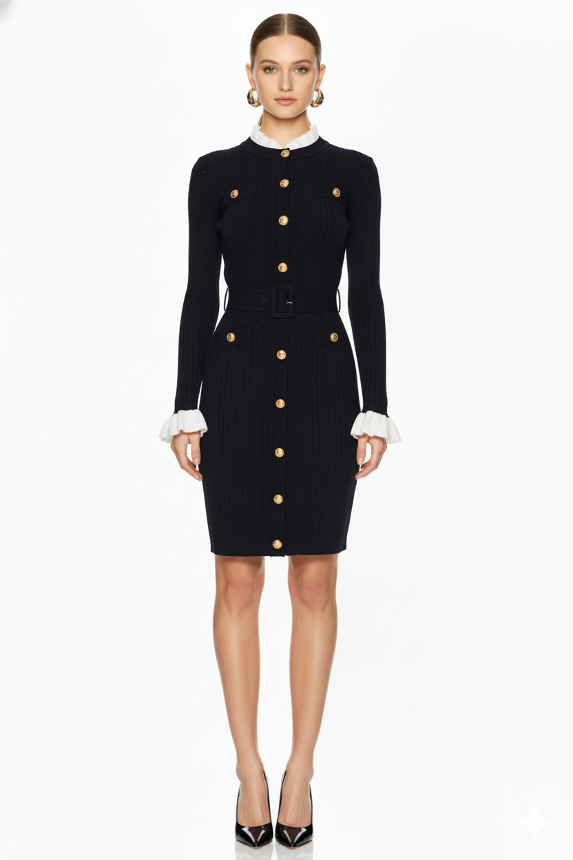 Chic Ribbed Knit Dress with Gold Buttons