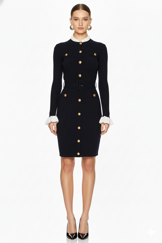 Chic Ribbed Knit Dress with Gold Buttons Hover Image