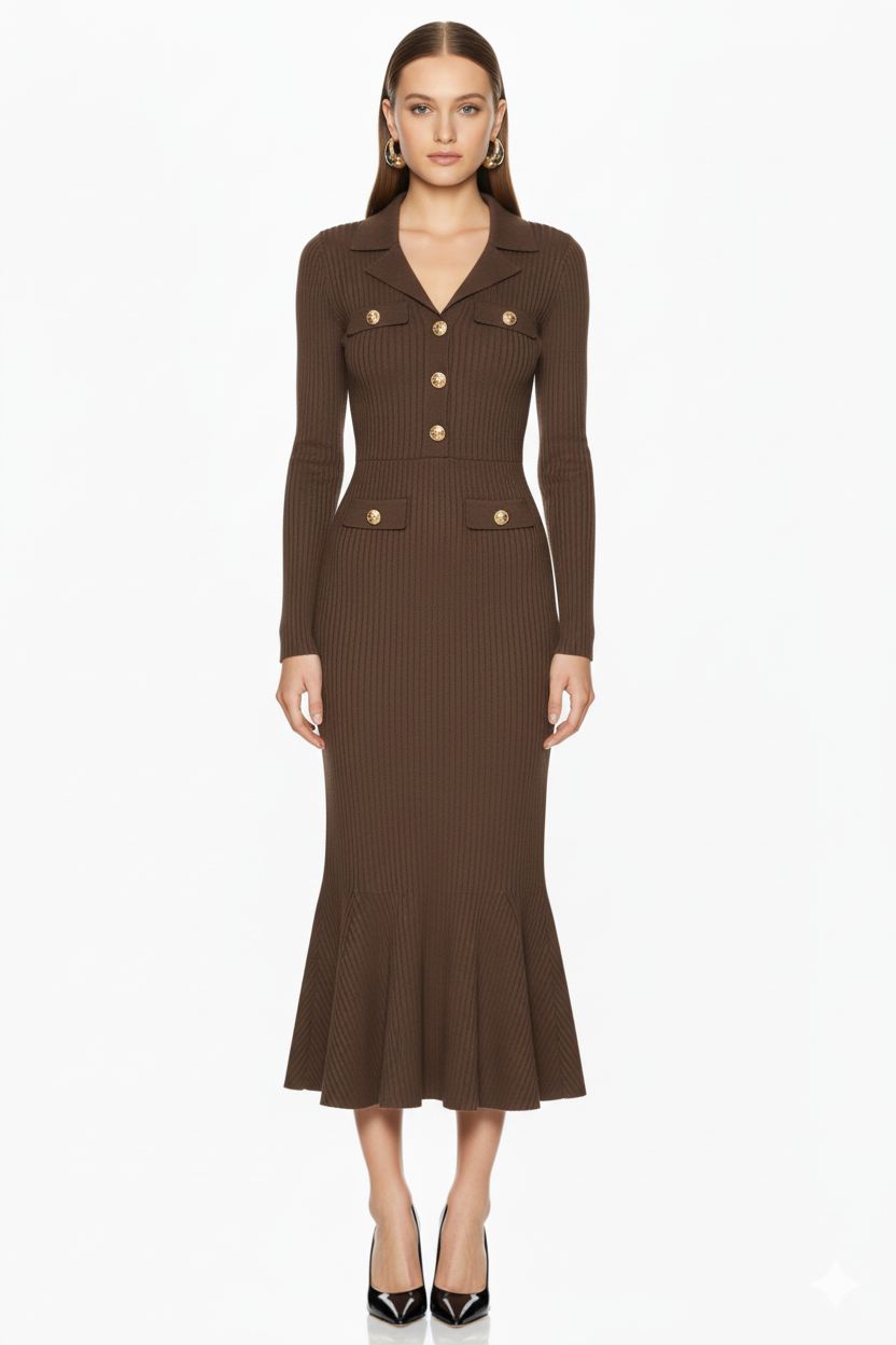 Long Sleeve Collared Knit Midi Maxi Dress