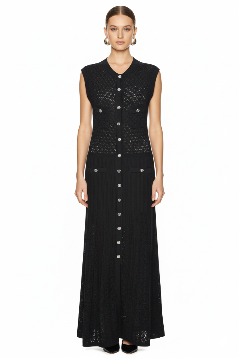 Chic Ribbed Knit Dress with Gold Buttons