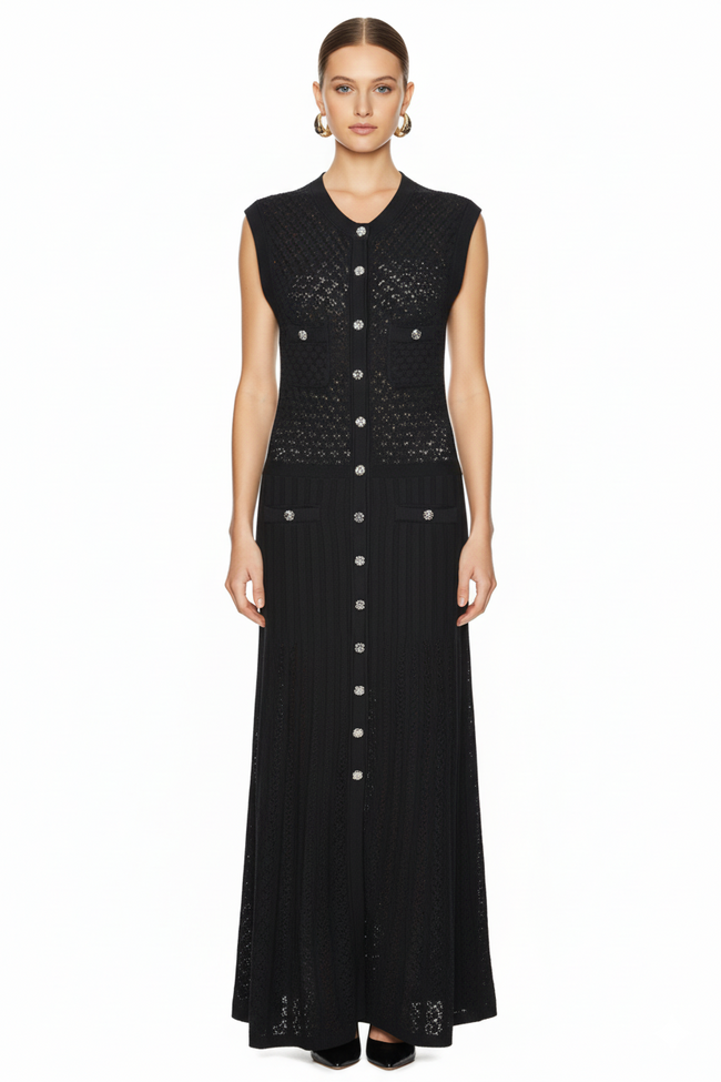 Chic Ribbed Knit Dress with Gold Buttons Main Image