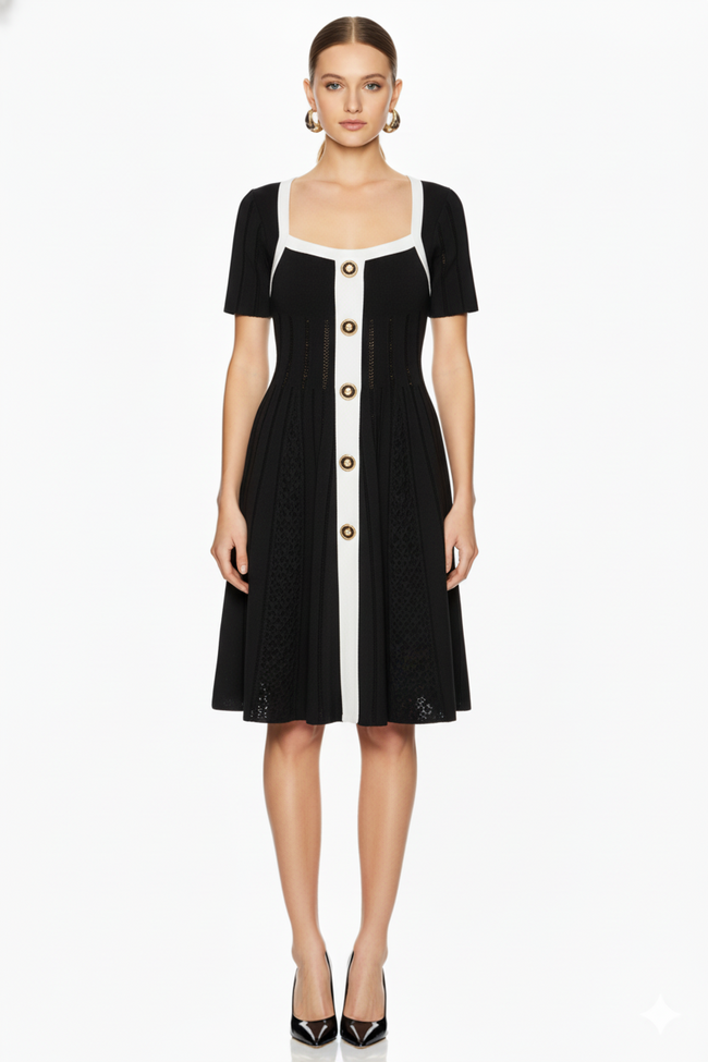 Elegant Square Neck Knit Skater Dress Hover Image