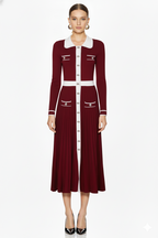 Contrast Trim Button-Front Pleated Knit Midi Dress