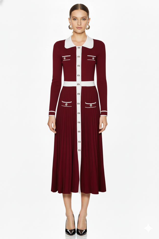 Contrast Trim Button-Front Pleated Knit Midi Dress Hover Image