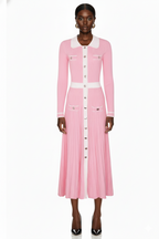 Contrast Trim Button-Front Pleated Knit Midi Dress