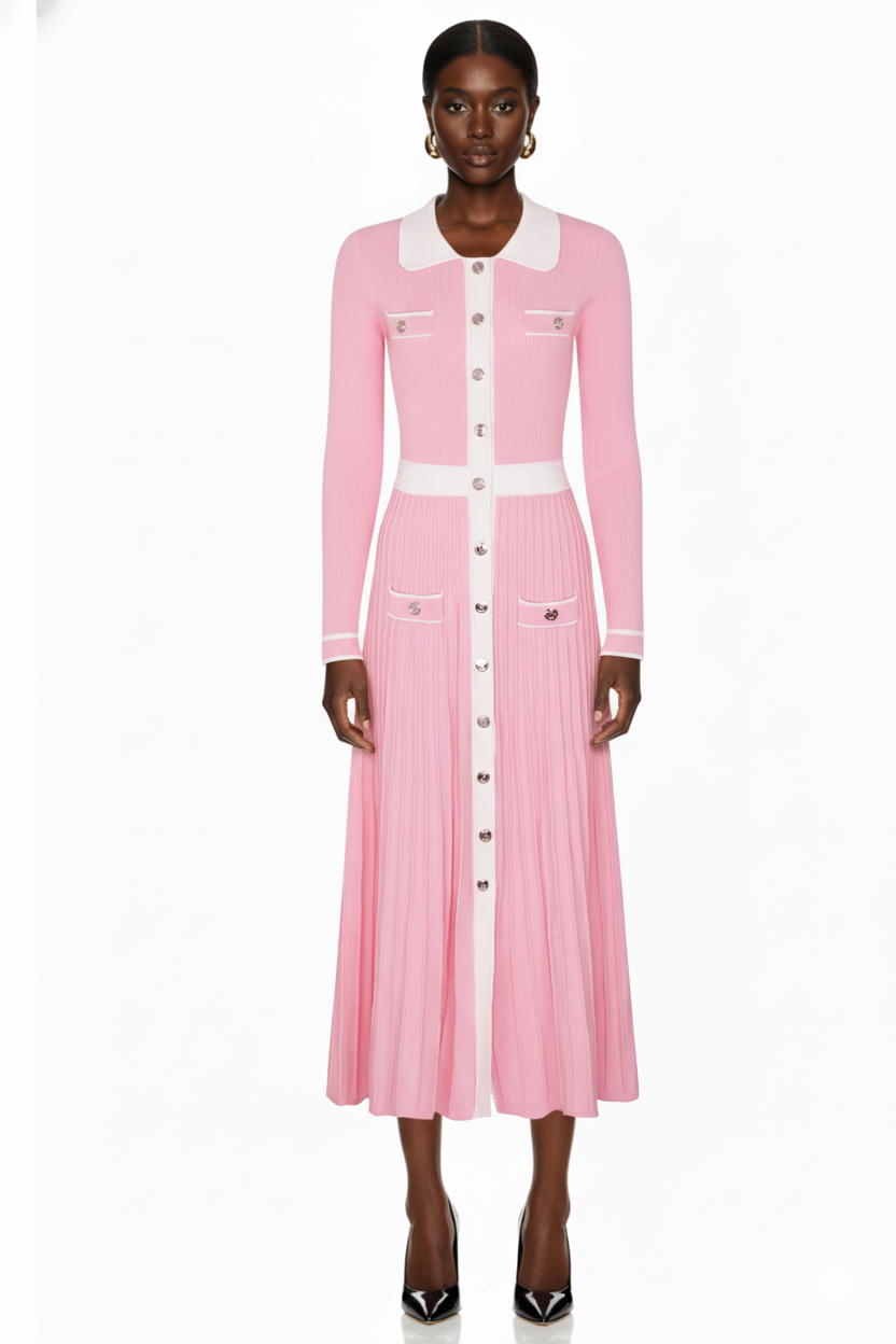 Contrast Trim Button-Front Pleated Knit Midi Dress