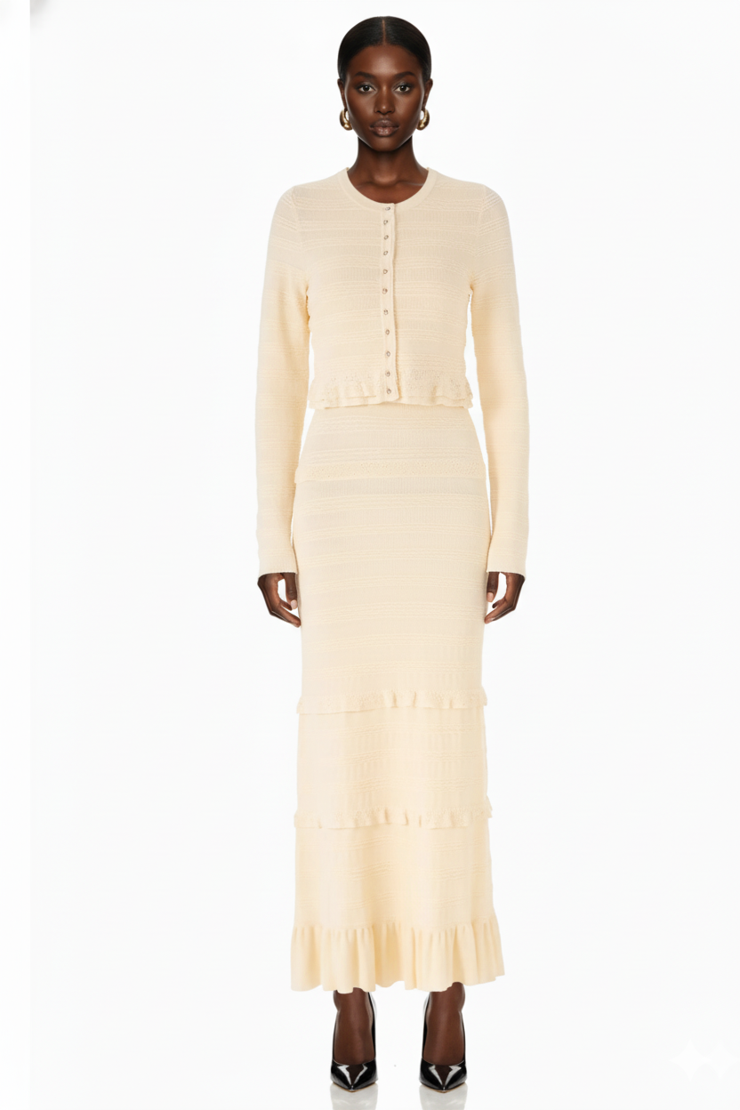 Ruffled Trim Knit Cardigan and Maxi Skirt Set