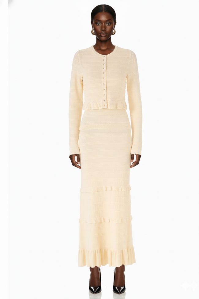 Ruffled Trim Knit Cardigan and Maxi Skirt Set Hover Image