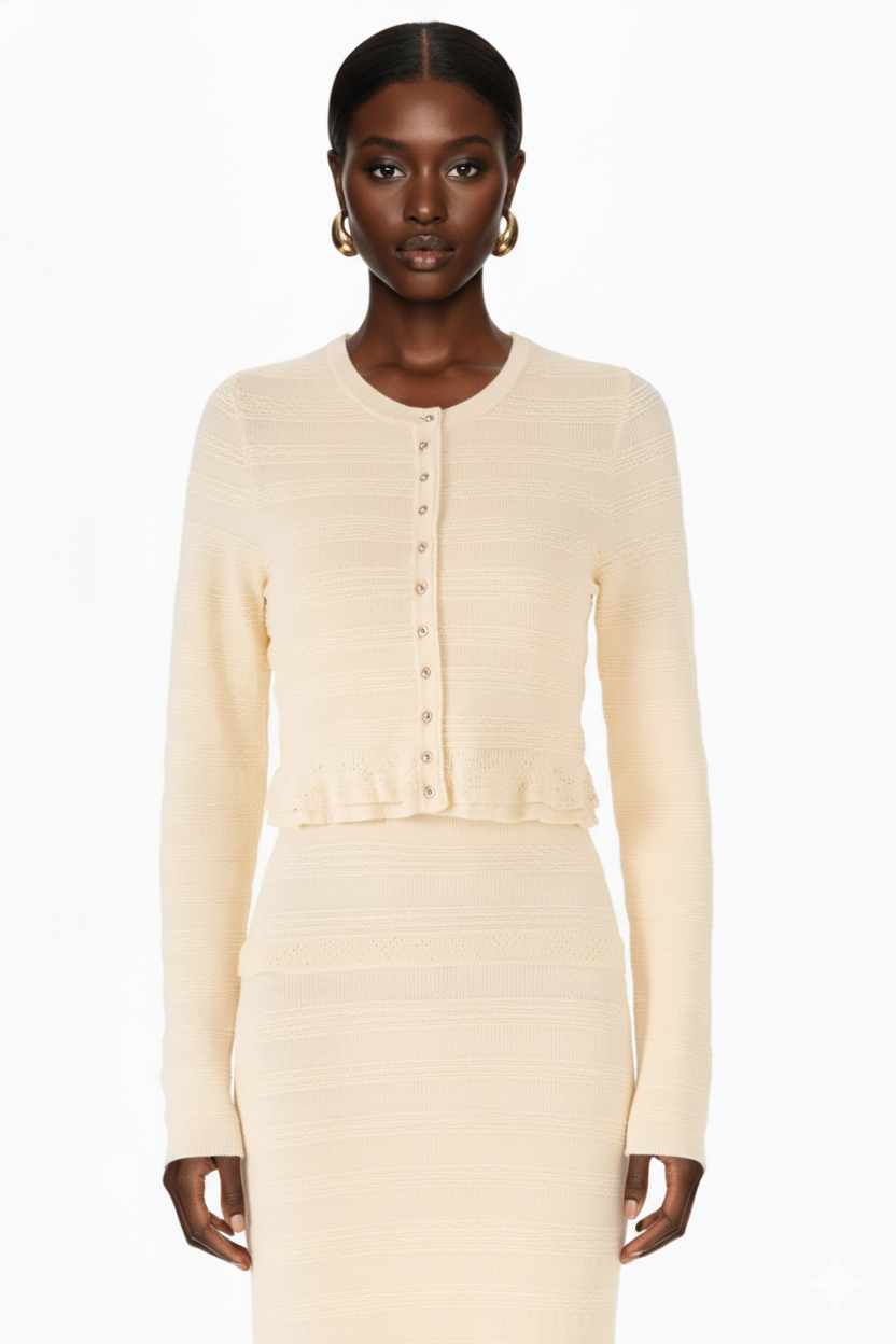 Ruffled Trim Knit Cardigan and Maxi Skirt Set