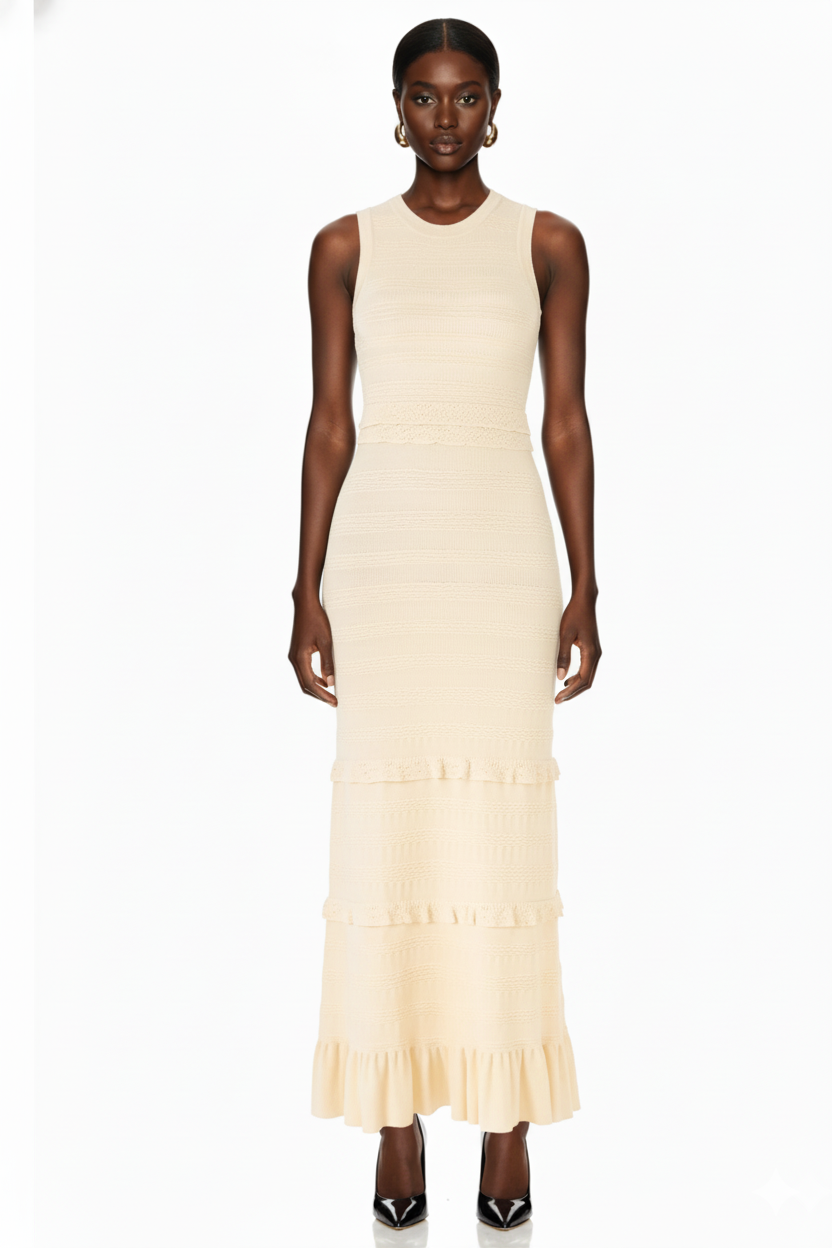 Ruffled Trim Knit Cardigan and Maxi Skirt Set