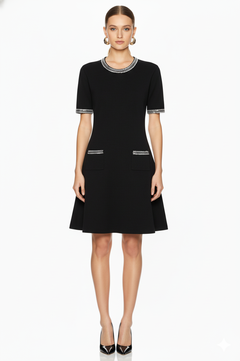 Embellished Trim Knit A-Line Mini Dress