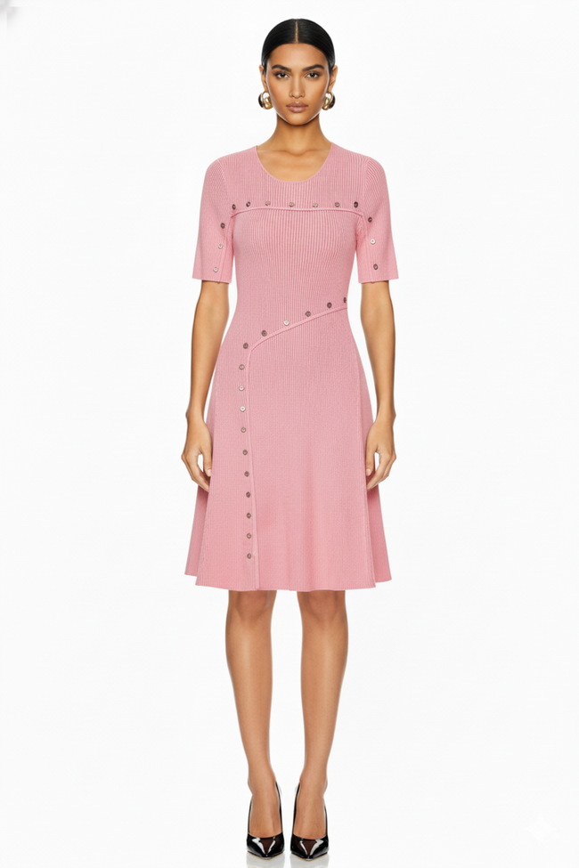 Asymmetric Button-Detail Ribbed Knit Dress Hover Image