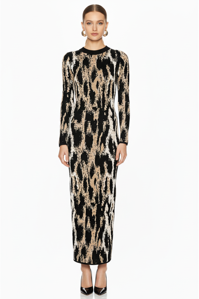 Animal Print Long Sleeve Fitted Maxi Dress