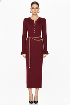 Button-Front Ribbed Knit Maxi Dress with Chain Belt