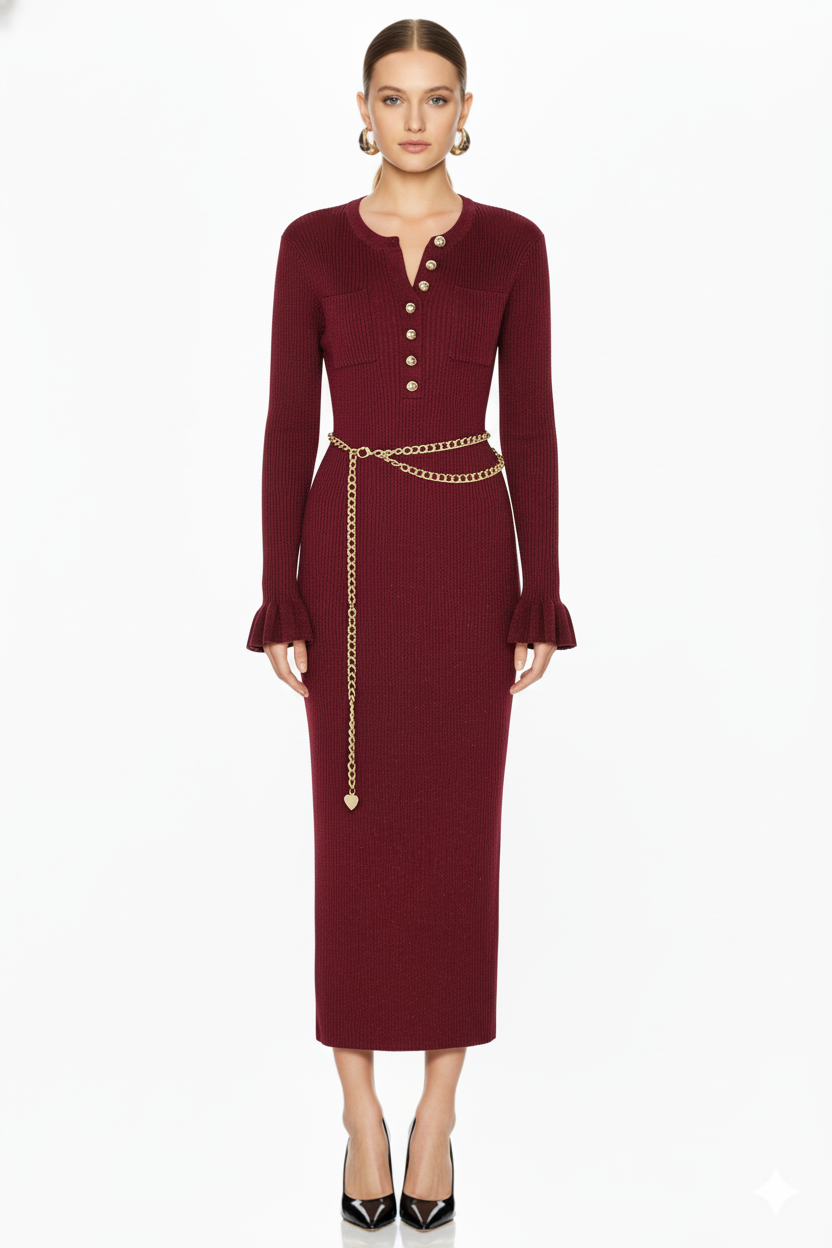Button-Front Ribbed Knit Maxi Dress with Chain Belt