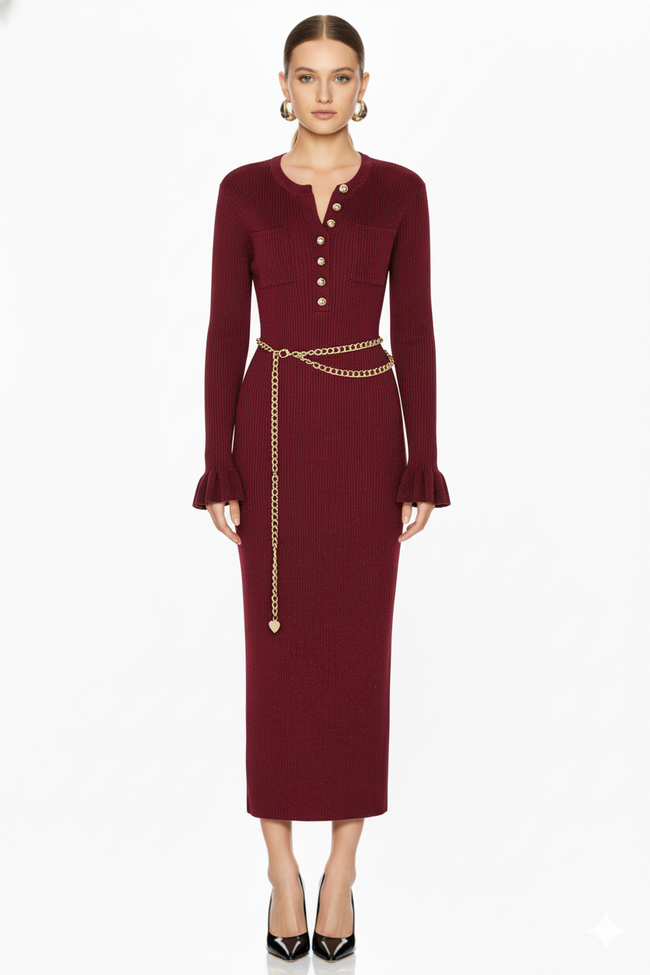 Button-Front Ribbed Knit Maxi Dress with Chain Belt Hover Image