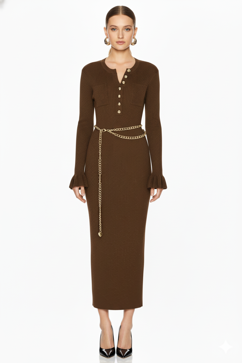 Button-Front Ribbed Knit Maxi Dress with Chain Belt