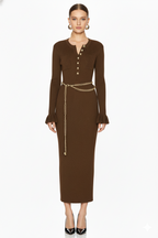 Button-Front Ribbed Knit Maxi Dress with Chain Belt