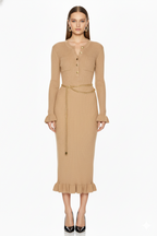 Button-Front Ribbed Knit Maxi Dress with Chain Belt