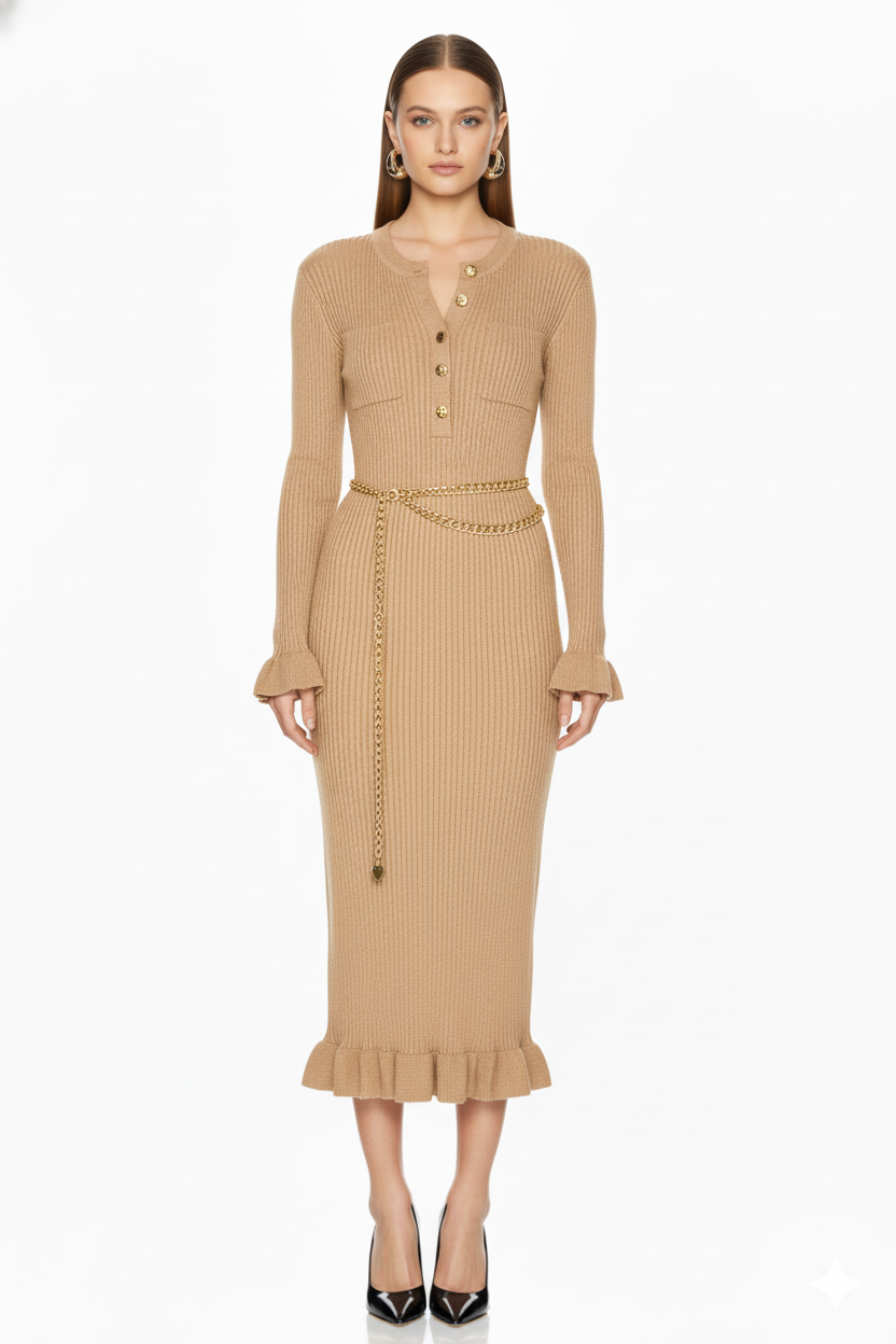 Button-Front Ribbed Knit Maxi Dress with Chain Belt
