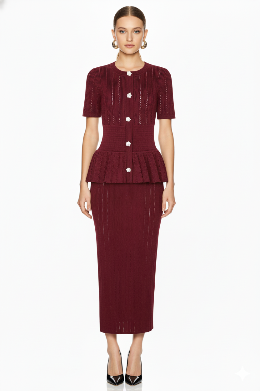 Peplum Button-Front Knit Top and Midi Skirt Set