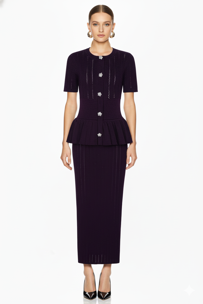 Peplum Button-Front Knit Top and Midi Skirt Set