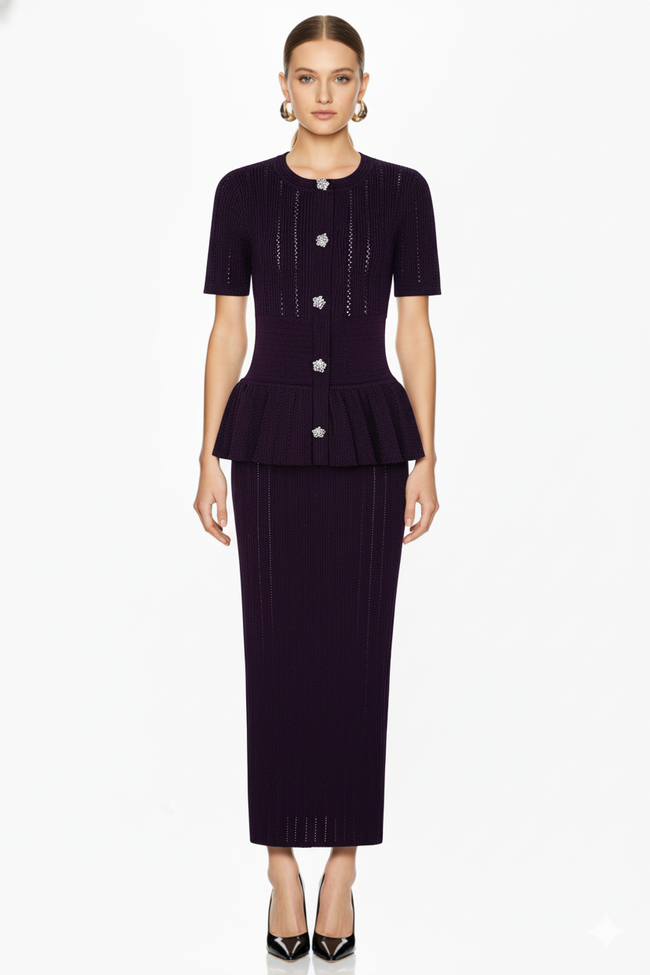 Peplum Button-Front Knit Top and Midi Skirt Set Main Image