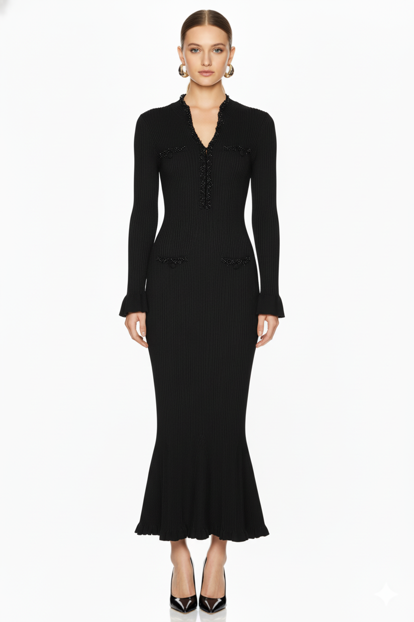 Ruffle Trim Ribbed Knit Mermaid Maxi Dress