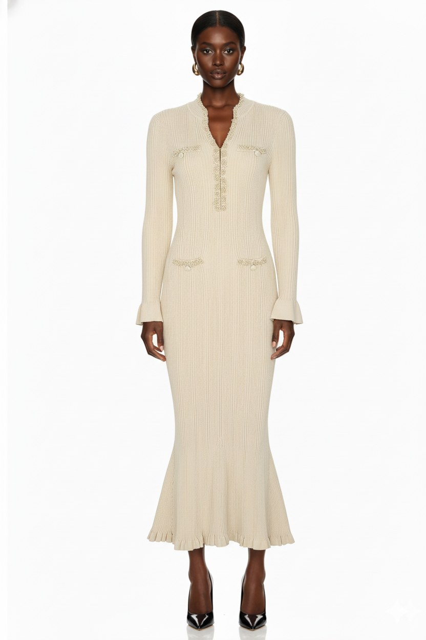 Ruffle Trim Ribbed Knit Mermaid Maxi Dress